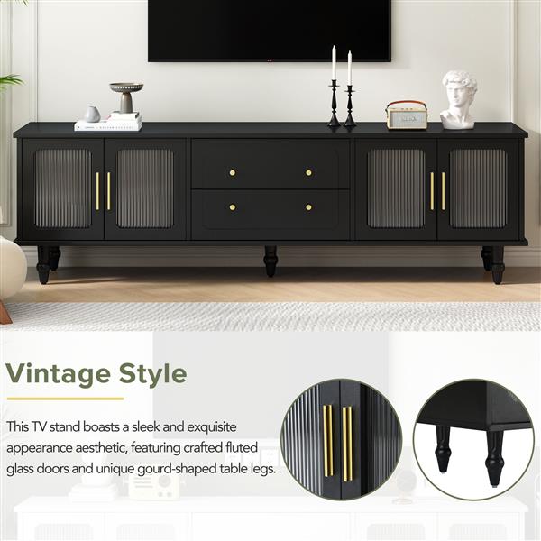 Retro Design TV Stand with Fluted Glass Doors for TVs Up to 78'', Practical Media Console with 2 Drawers and Cabinets, Elegant Entertainment Center for Living Room, Black