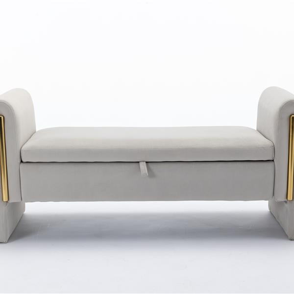 032-Velvet Fabric Storage Bench Bedroom Bench With Gold Metal Trim Strip For Living Room Bedroom Indoor,Light Gray