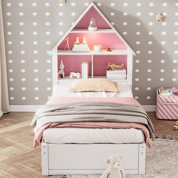 Twin Size House-Shaped Bed with Bookcase Headboard and Led Light and Twin Size Trundle for Kids Boys Girls, Pink+ White