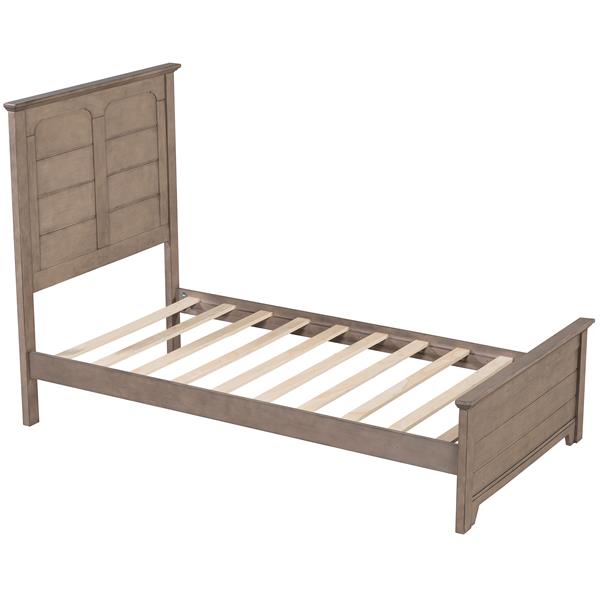 Farmhouse Wooden Platform Twin Size Bed with Panel Design Headboard and Footboard for Teenager, Ash Brown