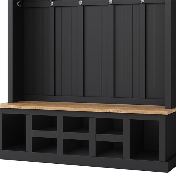 Farmhouse Wooden Style 78''H Modern Hall Tree with Wide Storage Seating Bench, Entryway Shoe Cabinet with 13 Compartments, Elegant Coat Rack with 6 Hooks for Mudroom, Living room, Black