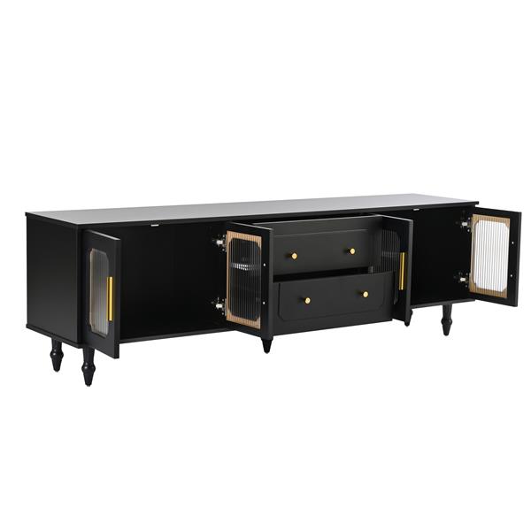 Retro Design TV Stand with Fluted Glass Doors for TVs Up to 78'', Practical Media Console with 2 Drawers and Cabinets, Elegant Entertainment Center for Living Room, Black