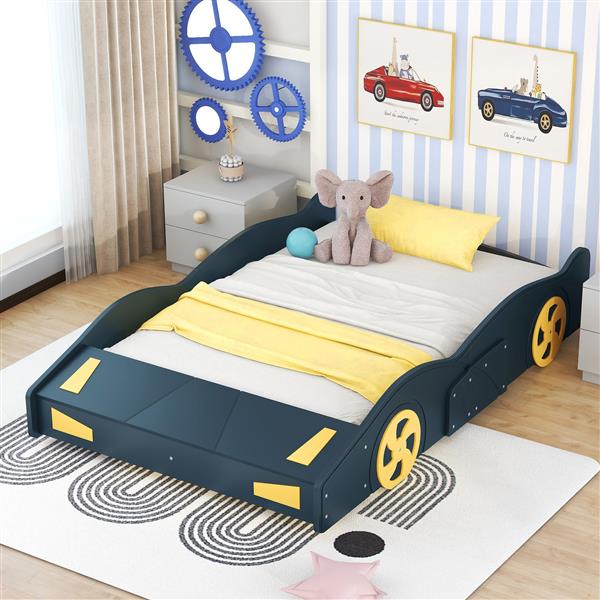 Full Size Race Car-Shaped Platform Bed with Wheels and Storage, Dark Blue+Yellow