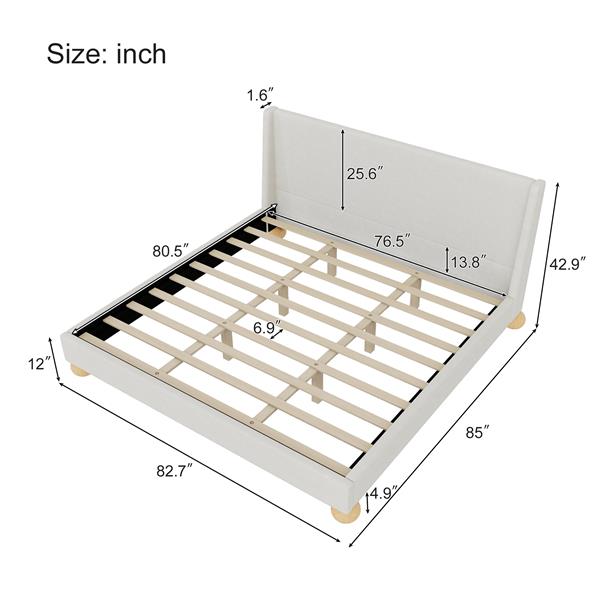 Modern Boucle Upholstered Platform Bed with Wingback Headboard and Round Wooden Legs, Beige,King Size