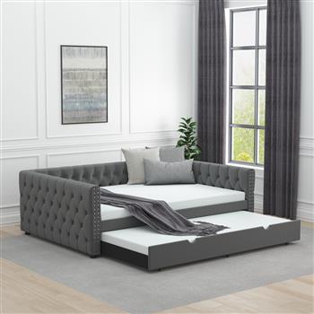 Daybed with Trundle Velvet Upholstered Tufted Sofa Bed, with Button and Copper Nail onSquare Arms,Full Daybed & Twin Trundle-  For Bedroom, Living Room, Guest Room,(83\\"x57\\"x26\\")