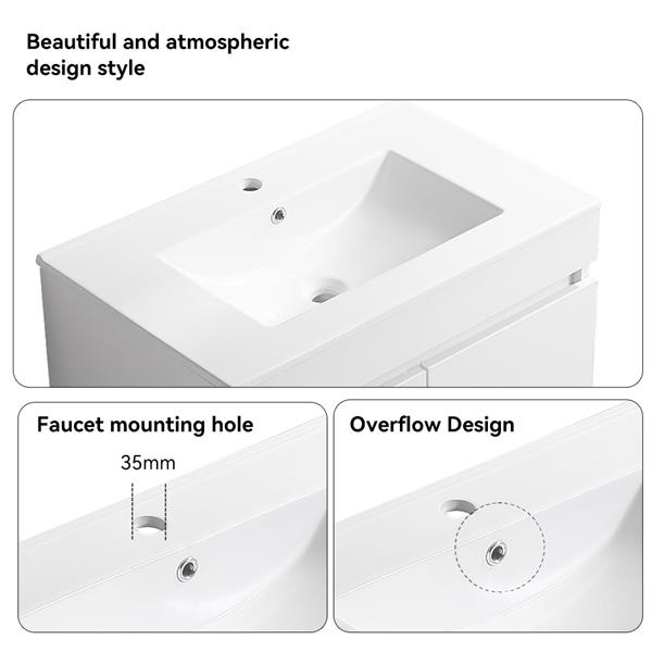 36' Wall Mounted Bathroom Vanity with White Ceramic Basin,Two Soft  Close Cabinet Doors, Solid Wood,Excluding faucets,White