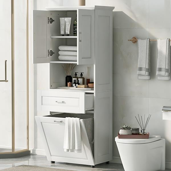 Tall Bathroom Cabinet with Laundry Basket, Large Storage Space Tilt-Out Laundry Hamper and Upper Storage Cabinet, White