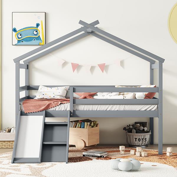 Twin Low Loft House Bed with Slide,  Ladder, Safety Guardrails, House Roof Frame,Grey