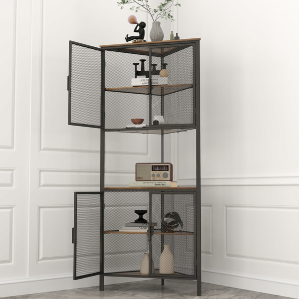 5-Tier Shelves with Metal Mesh Door, Bookcase Storage Shelf Corner Shelf for Small Space, Living Room