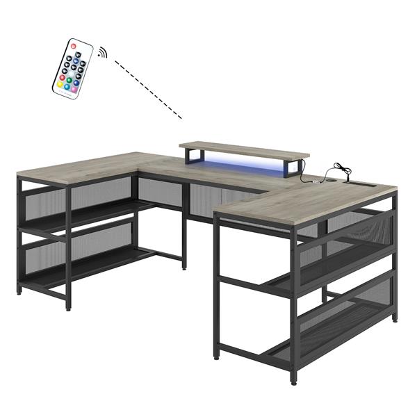 U-shaped Desk with Shelve and LED lights