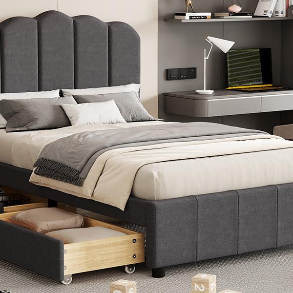 Twin Size Upholstered Bed with 2 Storage Drawers,Wood Slat Support, Gray