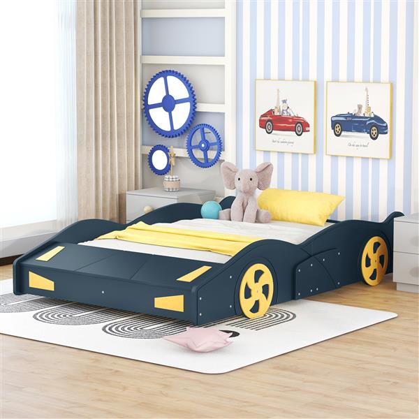 Full Size Race Car-Shaped Platform Bed with Wheels and Storage, Dark Blue+Yellow