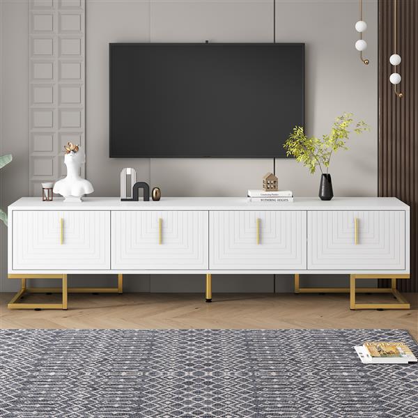 Modern TV Stand with Metal Legs and Gold Handles for TVs Up to 80'', Media Console Table with Cabinets and Adjustable Shelves, Luxury TV Cabinet with Geometric Lines for Living Room, White