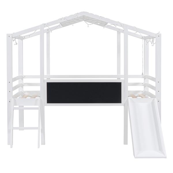 Twin Size Loft Bed with Ladder and Slide, House Bed with Blackboard and Light Strip on the Roof, White