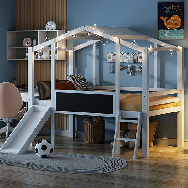 Twin Size Loft Bed with Ladder and Slide, House Bed with Blackboard and Light Strip on the Roof, White