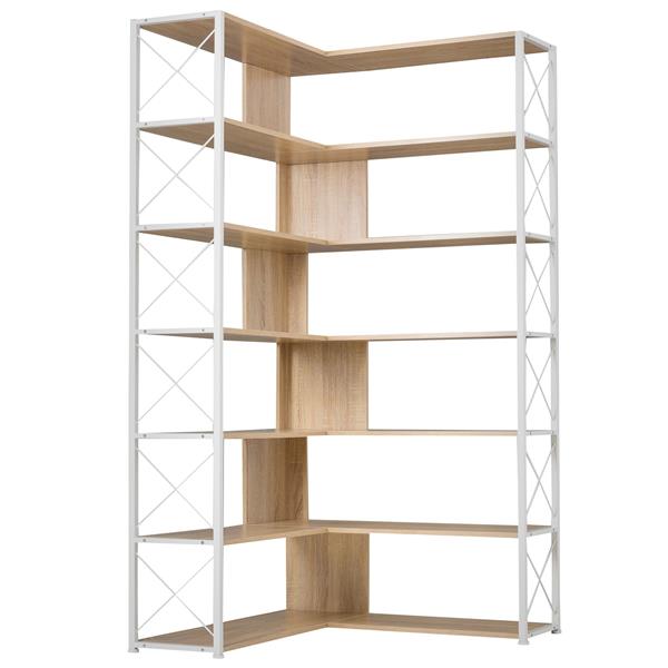 7-Tier Bookcase Home Office Bookshelf,  L-Shaped Corner Bookcase with Metal Frame, Industrial Style Shelf with Open Storage, MDF Board