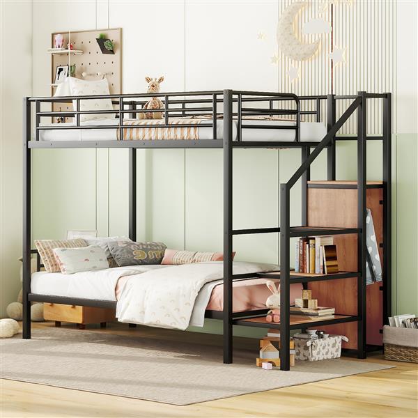 Twin Over Twin Metal Bunk Bed with Lateral Storage Ladder and Wardrobe, Black