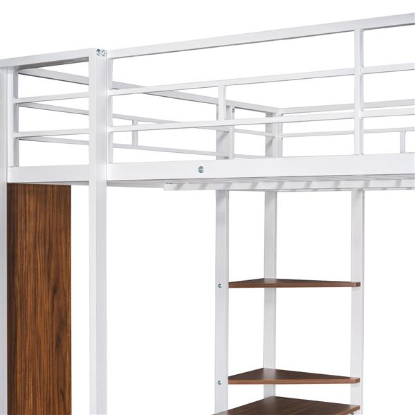 Full Size Metal Loft Bed with 2 Shelves and one Desk ,White