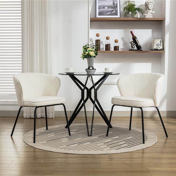 042-Set of 2 Boucle Fabric Dining Chairs With Black Metal Legs,Ivory