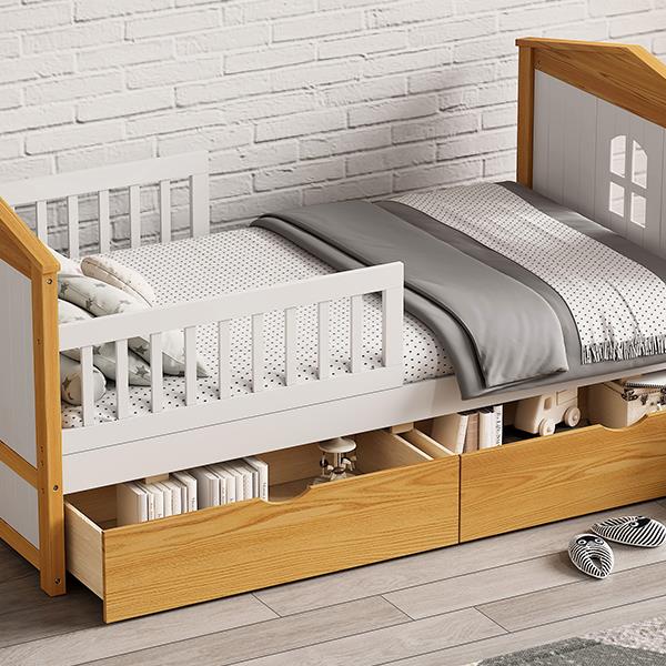 Twin Size House Shape Bed with  Two Drawers Wooden Bed for Girls Boys Teens, No Box Spring Needed, Walnut and White