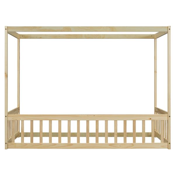 Twin Size Canopy Frame Floor Bed with Fence, Guardrails,Natural