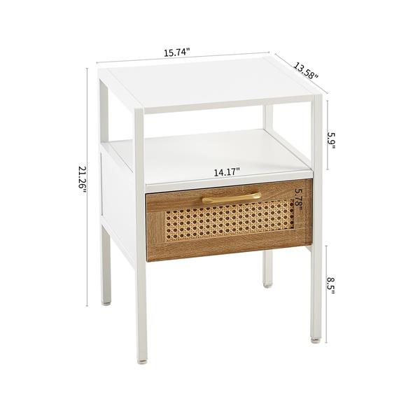 Set of 2, 15.75" Rattan End table with  drawer, Modern nightstand, metal legs,side table for living room, bedroom,white