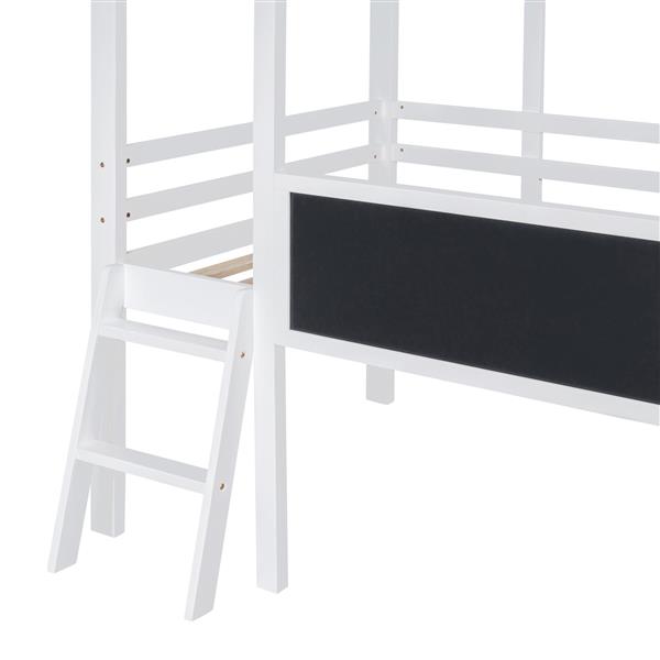 Twin Size Loft Bed with Ladder and Slide, House Bed with Blackboard and Light Strip on the Roof, White