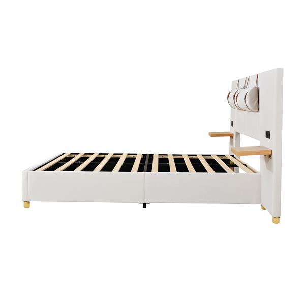 Full Size Upholstered Platform Bed, Two Outlets and USB Charging Ports on Both Sides, Two Bedside Pillows, Storage Shelves, Beige