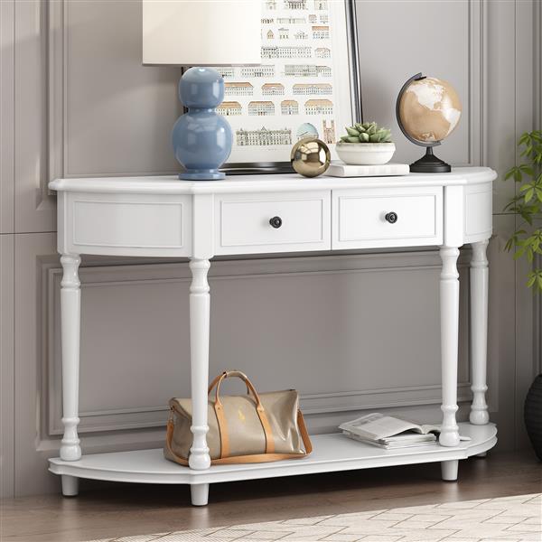 Retro Circular Curved Design Console Table with Open Style Shelf Solid Wooden Frame and Legs Two Top Drawers