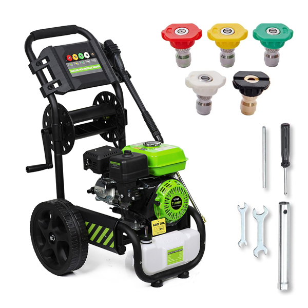 110V 2600PSI 4.8kW with drum winder, gasoline high-pressure cleaner, 5 nozzles+foam kettle