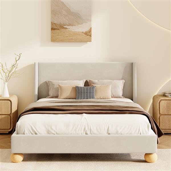 Modern Velvet Upholstered Platform Bed with Wingback Headboard and Round Wooden Legs, Cream,King Size