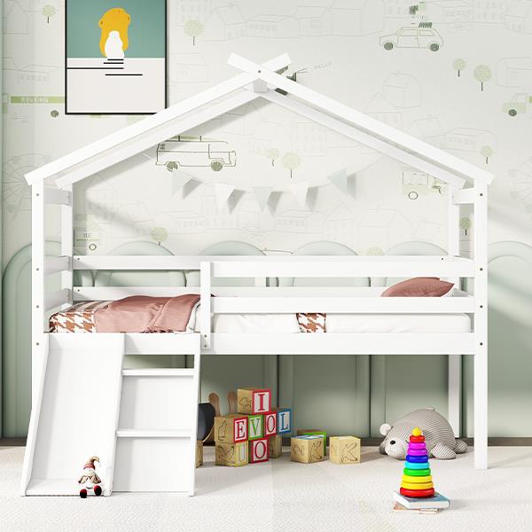 Twin Low Loft House Bed with Slide,  Ladder, Safety Guardrails, House Roof Frame,White