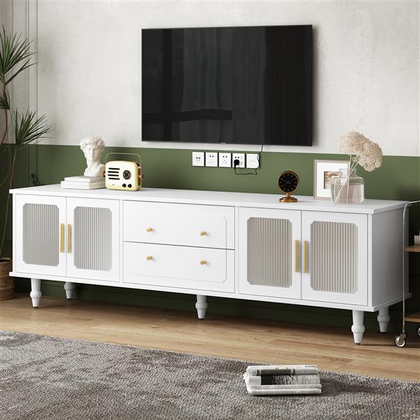 Retro Design TV Stand with Fluted Glass Doors for TVs Up to 78'', Practical Media Console with 2 Drawers and Cabinets, Elegant Entertainment Center for Living Room, White