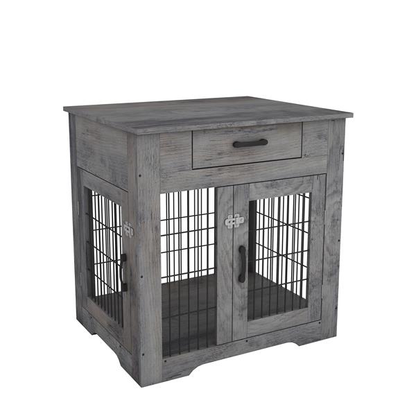 Furniture Style Dog Crate End Table with Drawer, Pet Kennels with Double Doors, Dog House Indoor Use, Grey, 29.9'' W x 24.8'' D x 30.71'' H.