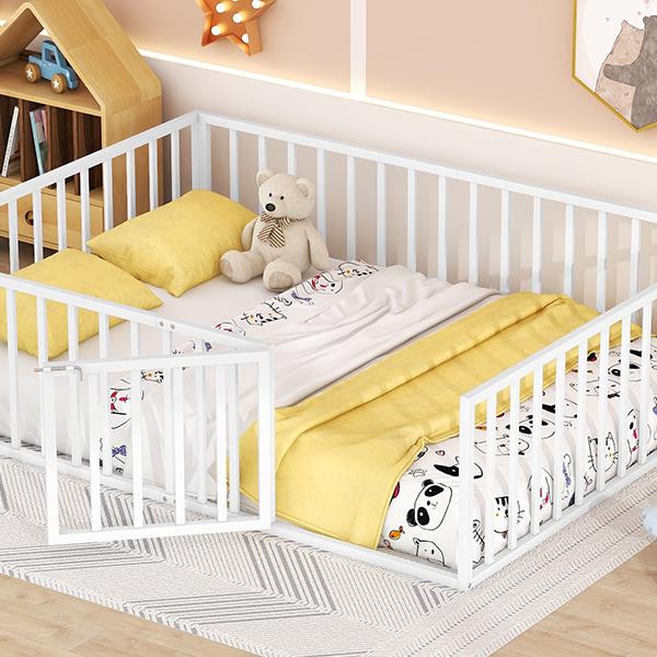 Queen Size Metal Floor Bed Frame with Fence and Door, White