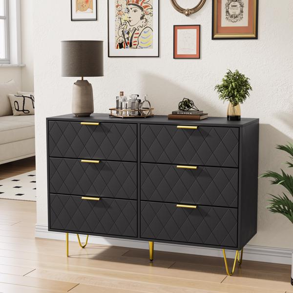 Modern black 6 Drawers for Bedroom, Modern 6 Drawer Dresser, Wide Chest of Drawers with Gold Handles, Wood Double Dresser Storage Cabinet for Living Room, Bedroom, Hallway 