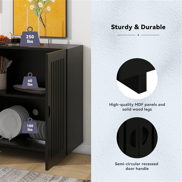 Modern Style Sideboard with Superior Storage Space, Hollow Door Design and 2 Adjustable Shelves for Living Room and Dining Room (Black)