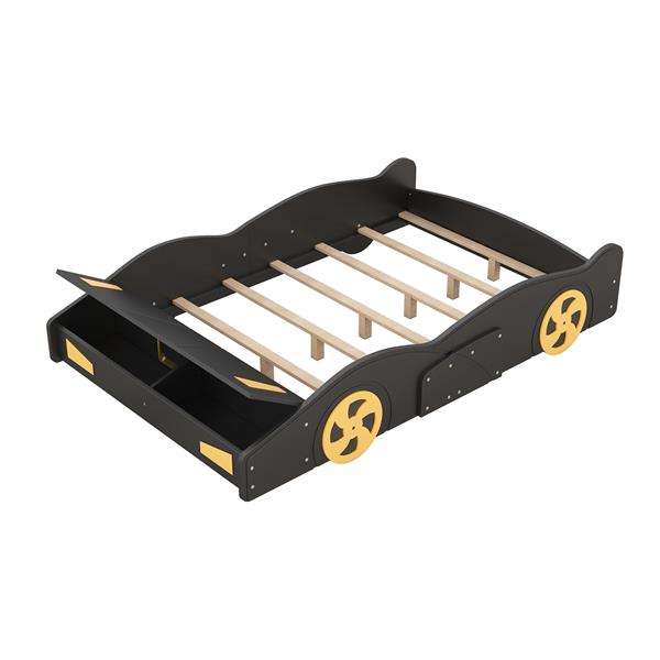 Full Size Race Car-Shaped Platform Bed with Wheels and Storage, Black+Yellow