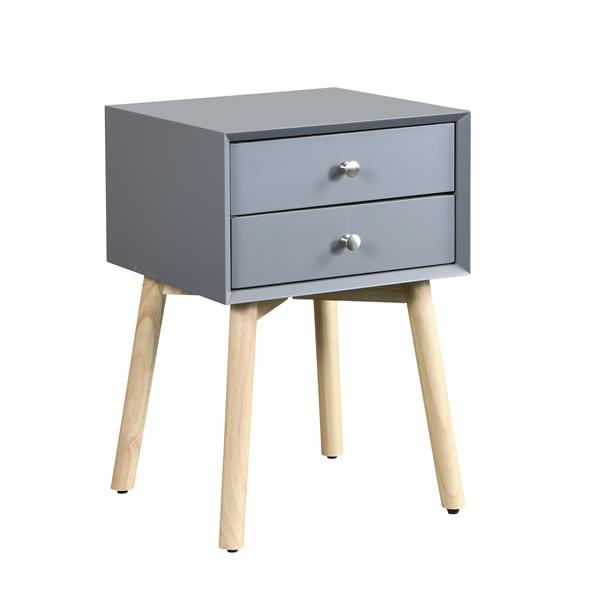 Side Table,Bedside Table with 2 Drawers and Rubber Wood Legs, Mid-Century Modern Storage Cabinet for Bedroom Living Room, Gray