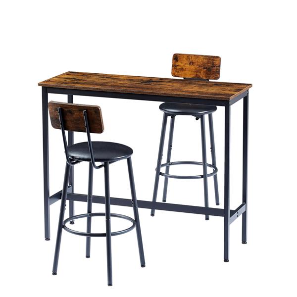 Bar Table Set with 2 Bar stools PU Soft seat with backrest, Rustic Brown, 43.31'' L x 15.75'' W x 35.43'' H.