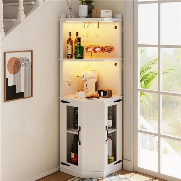 67.7" Corner Bar Cabinet with Power Outlet, Farmhouse Wine Bar Cabinet with Adjustable Shelves for Home,with Lights & Glass Rack for Dining Room, Living Room, Kitchen