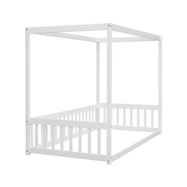 Twin Size Canopy Frame Floor Bed with Fence, Guardrails,White