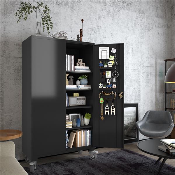 Upgraded Wide 39.37 Inch & Depth 19.69 Inch Metal Storage Cabinet 72 Inch Black Lockable Garage Cabinet with Wheels  Heavy-Duty Steel Cabinet with Doors & 4 Adjustable Shelves for Home, Office