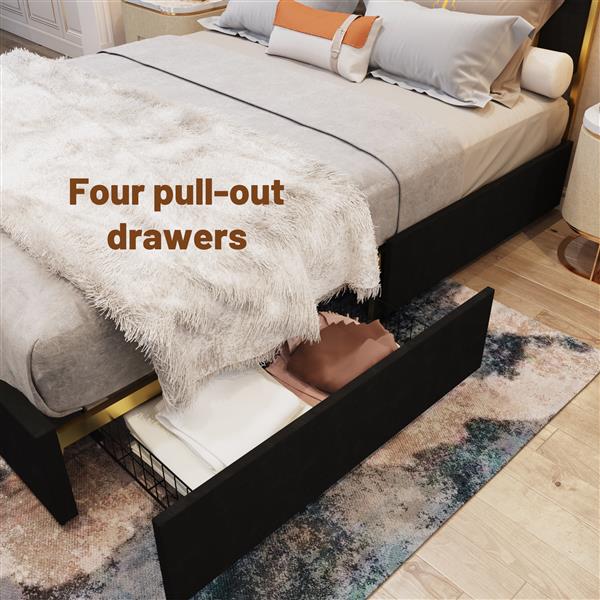 Queen Size Bed Frame and 59.06" Headboard, Upholstered Bed with lden Plating Trim, Modern Platform Bed No Box Spring Needed, Black