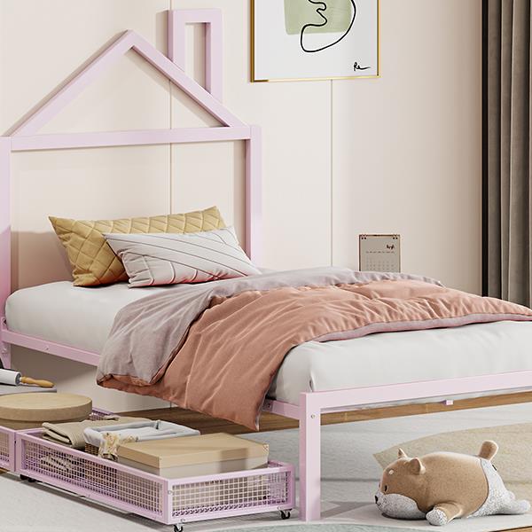 Twin Size Metal Platform Bed with two drawers,House-Shaped Headboard Design, Pink