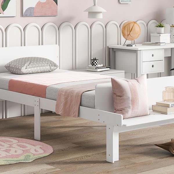 Twin Bed with Footboard Bench ,White