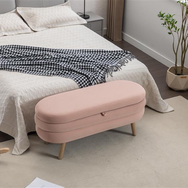 036-Velvet Fabric Storage Bench Bedroom Bench With Wood Legs For Living Room Bedroom Indoor,Light Pink