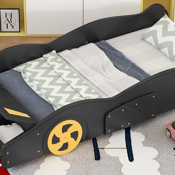 Twin Size Race Car-Shaped Platform Bed with Wheels and Storage, Black+Yellow