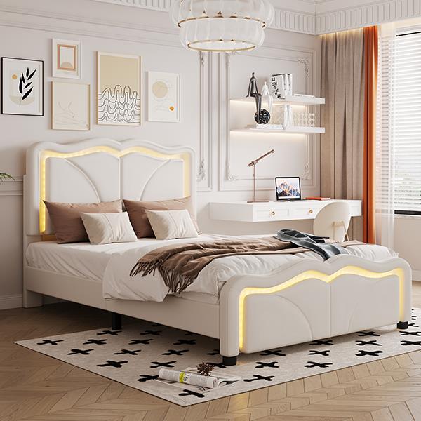 Twin Size Upholstered Platform Bed with Curve Shaped and Height-adjustbale Headboard,LED Light Strips,White