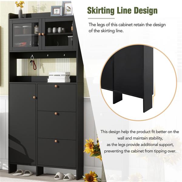 [VIDEO provided] Shoe Cabinet with Open Storage Space, Practical Hall Tree with 3 Flip Drawers, Multi-functional & Integrated Foyer Cabinet with Tempered Glass Doors for Hallway, Black